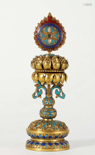 18世纪 铜鎏金錾胎珐琅法轮
