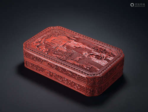 清乾隆 剔红雕漆四方倭角「高仕图」文具盒