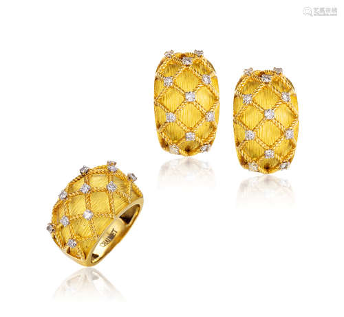 约1960年 尚美Chaumet 18K黄金钻石戒指及耳环套装