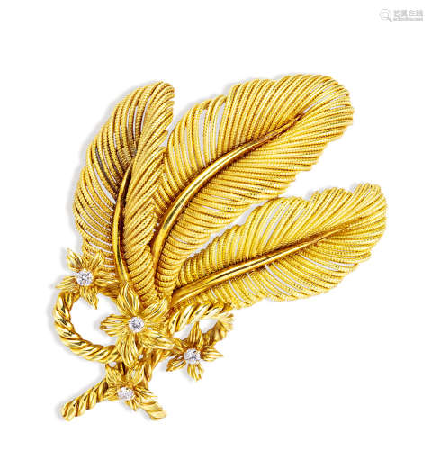 约1970年 蒂芙尼Tiffany 18K黄金钻石羽毛胸针