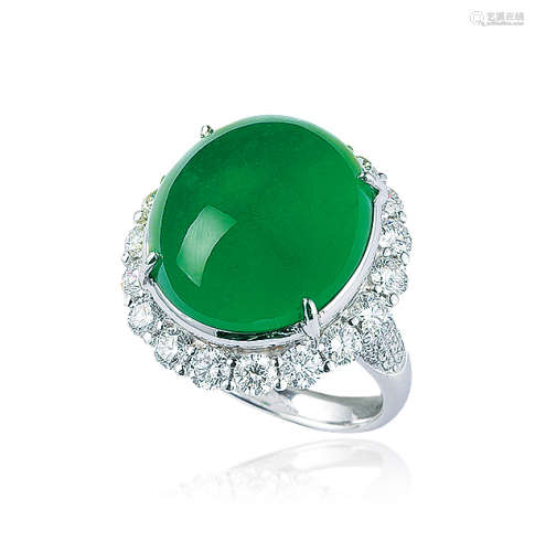 天然满绿翡翠蛋面配钻石戒指