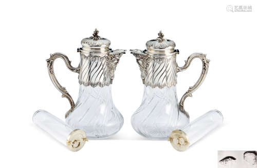 约1880年 爱马仕品牌Puiforcat 纯银水晶玻璃红酒壶 （一对）
