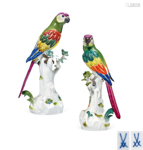 约1950年 德国 梅森MEISSEN 彩绘陶瓷鹦鹉雕塑 （一对）