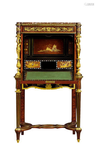 约1880年 法国巴黎 路易十六样式铜鎏金装饰日本漆画桃花心木和紫芯苏木翻盖秘书柜