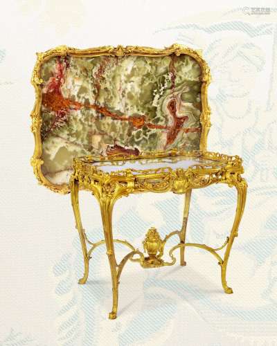 约1890年 法国巴黎 路易十五样式 铜鎏金缟玛瑙桌面边桌