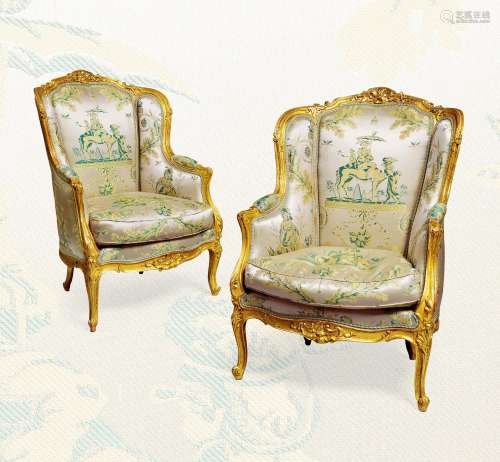 约1910年 法国 路易十五样式 金漆安乐椅 （一对）