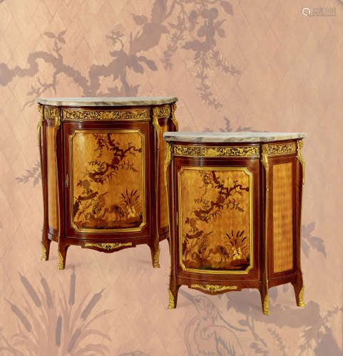 约1880年 路易十五样式 铜鎏金装饰细木镶嵌桃花芯木边柜 （一对）