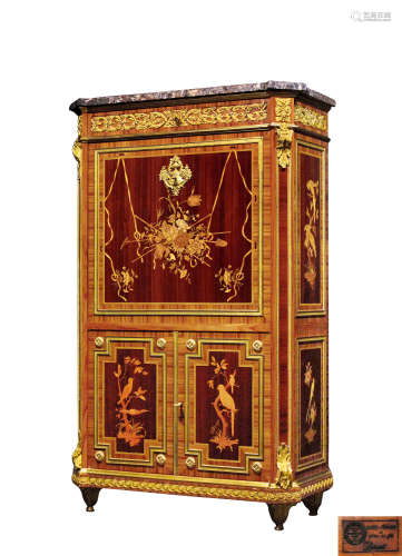 约1970年 法国 Dissidi 路易十六风格 铜鎏金细木镶嵌字台柜