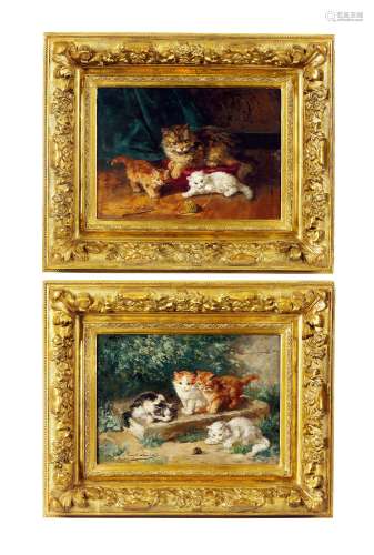 阿尔弗雷德·布鲁内尔·纽维尔 约1890年 猫 （一对） 木板油画
