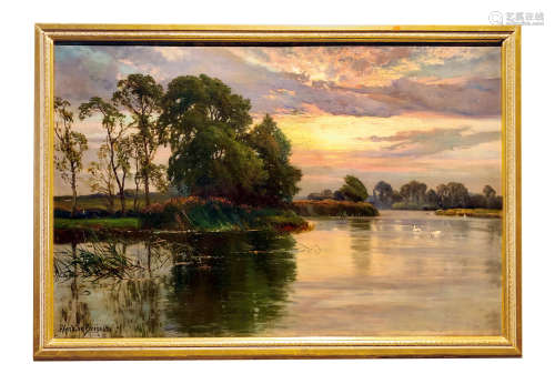Alfred de Breanski 约1882年 天鹅湖 布面油画