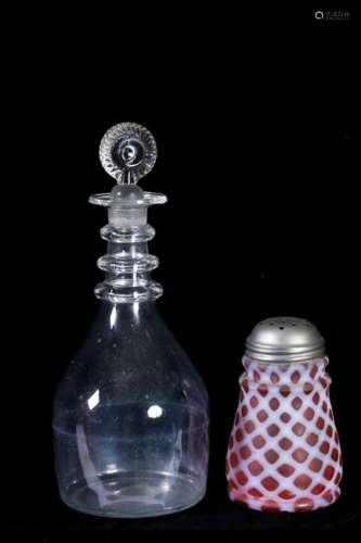 (Early 19thc) DECANTER & CRANBERRY GLASS MUFFINEER