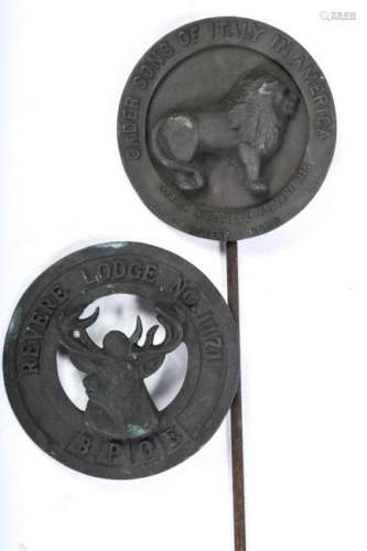 (2) BRONZE MARKERS FOR SONS OF ITALY & BPOE ELKS
