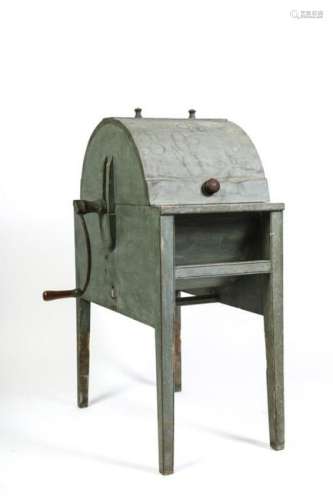 STANDING (19th c) BUTTER CHURN IN BLUE PAINT