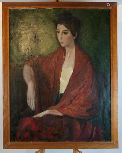 Portrait of Woman in Red - Oil on Canvas