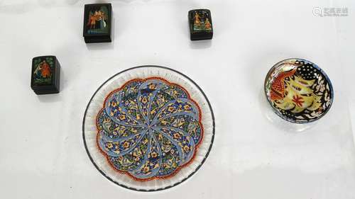 2 Reverse Painted Glass Plates; 3 Lacquer Boxes