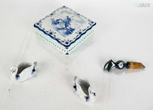 Delft Covered Box & 2 Dresden Swans