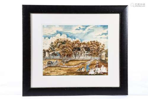 BRILLIANT WATERCOLOR of a FAMILY and HOMESTEAD