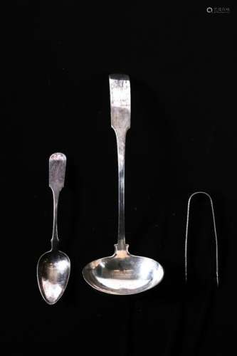 SILVER & COIN LADLE, TABLESPOON & SUGAR TONGS