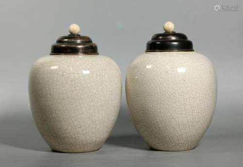 Chinese Crackle Porcelain Ginger Jars Silver Tops