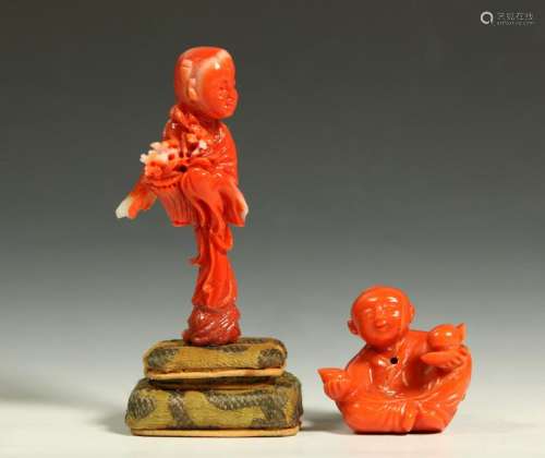 2 Chinese Miniature Coral Carvings of Boys