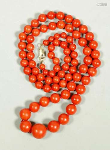 Chinese Dark Coral Bead Necklace 14K; 45.4G