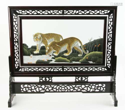 Chinese Table Screen, Silk Embroidery and Teakwood