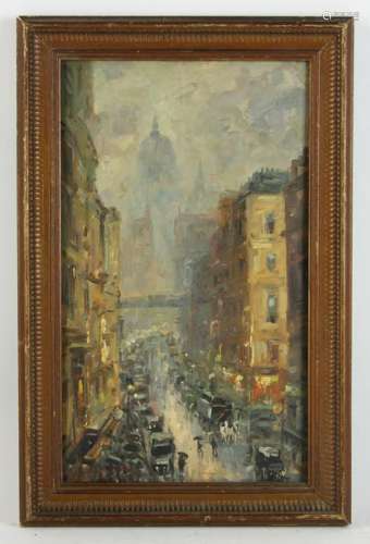 Signed Berthelson, City Street Scene, Oil on Panel