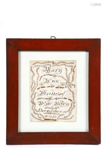 FRAKTUR for MARY ANN HANSEL BORN DECEMBER 19 1829