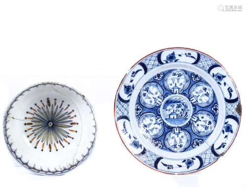 (18th c) PEARLWARE BOWL & DELFT TIN GLAZED PLATE