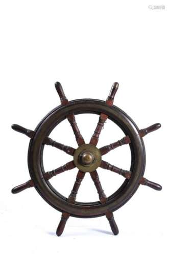 BRASS BOUND and TURNED MAHOGANY SHIP'S WHEEL