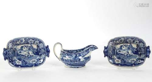 STAFFORDSHIRE TRANSFERWARE GRAVY BOAT & TRAYS