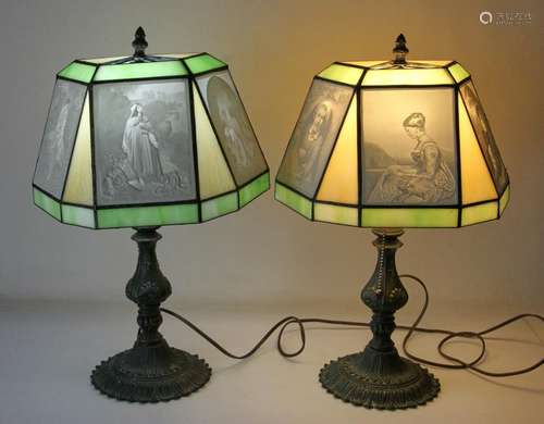 Pair of Metal Lamps with Lithophane Shades