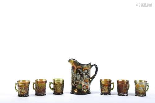 NORTHWOOD CARNIVAL GLASS PITCHER & (6) CUPS