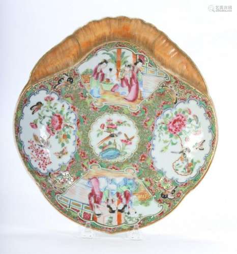 ROSE MEDALLION SHRIMP DISH with GILT FIN HANDLE