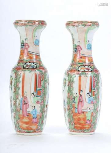 PAIR OF ROSE MEDALLION VASES with BELL MOUTHS