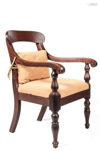 AMERICAN CLASSICAL UPHOLSTERED MAHOGANY ARMCHAIR