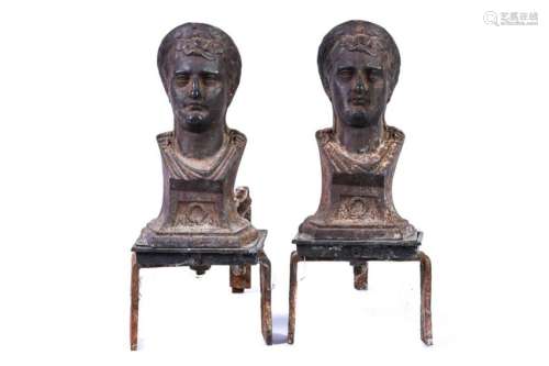 (19th c) CAST IRON FRENCH FIGURAL ANDIRONS