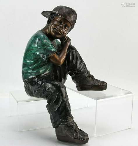 Bronze Sculpture of Pensive Seated Boy