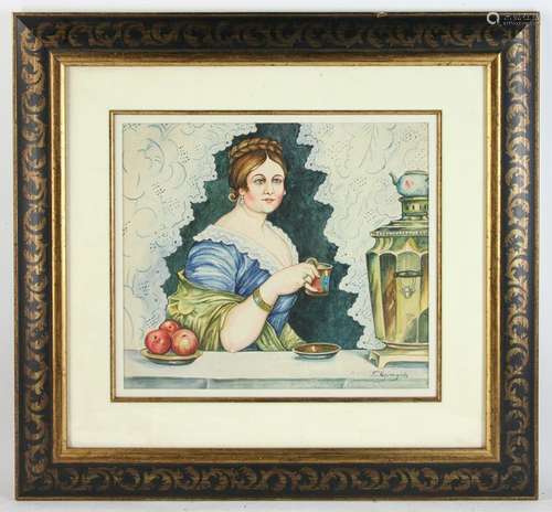 Lady at Tea Signed Kustodiev