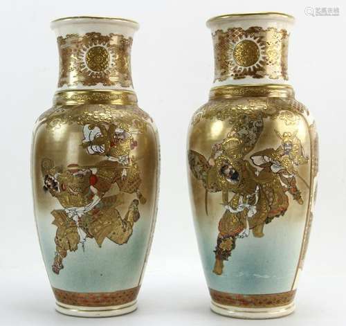 Pair of Early 20thC Satsuma Vases with Samurai