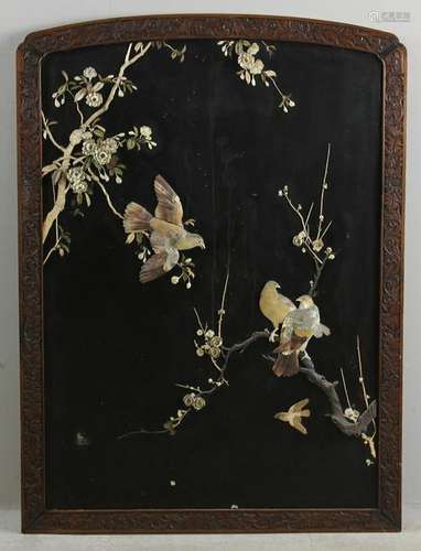 Large Japanese Carved Bone on Lacquer Panel