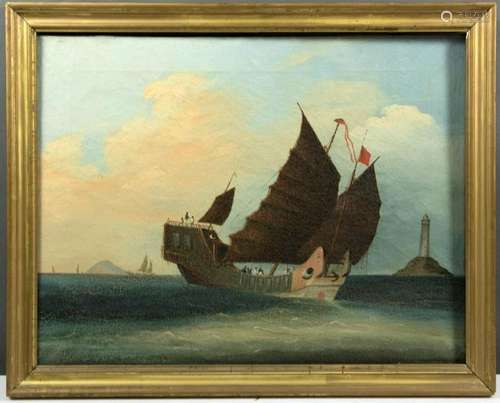 Chinese Export Sailboat Lighthouse Oil on Canvas