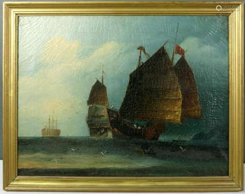 Chinese Export Sailboats at Sea Oil on Canvas