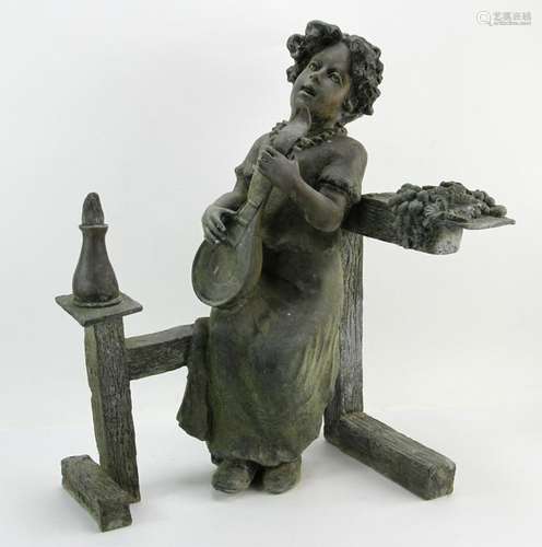 Bronze Sculpture of Woman Playing Instrument