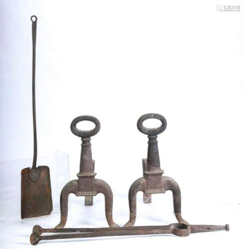 PAIR OF PUDDLE CAST LOOP ANDIRONS, SHOVEL AND TONG