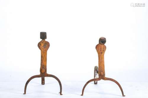 PAIR OF (18th c) FACETED GOOSE NECK BLADE ANDIRONS
