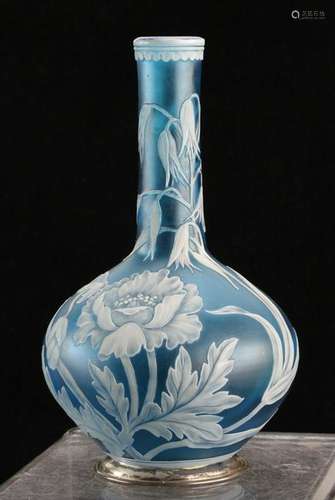 English Cameo Glass Vase, Silver Base