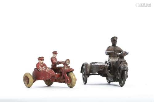 (2) CAST IRON TOY MOTORCYCLES W/ SIDECARS