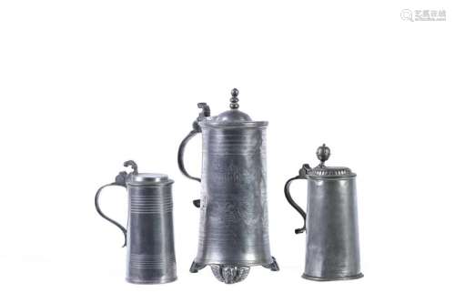 PEWTER FLAGON and (2) PEWTER STEINS