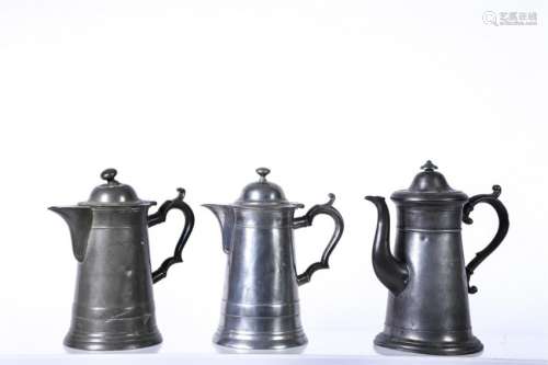 (3) SIGNED PEWTER COFFEE POTS